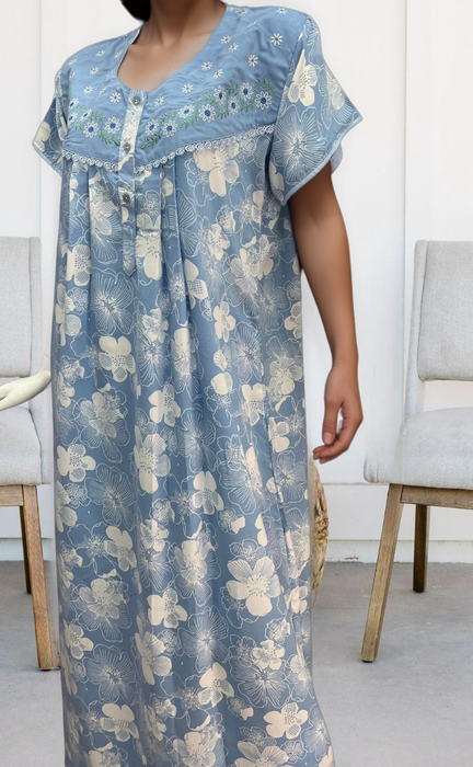 Blue Garden Soft Crushed Nighty.Soft Breathable Fabric | Laces and Frills