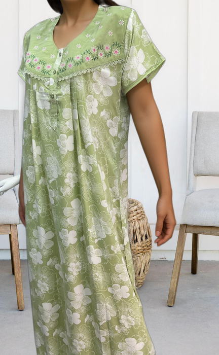 Pista Green Garden soft Crushed Nighty.Soft Breathable Fabric | Laces and Frills