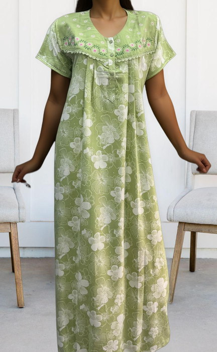 Pista Green Garden soft Crushed Nighty.Soft Breathable Fabric | Laces and Frills