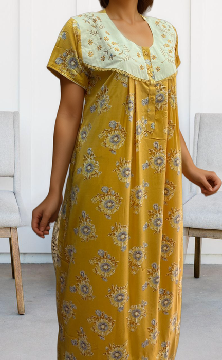 Yellow Garden Soft Crushed Nighty.Soft Breathable Fabric | Laces and Frills