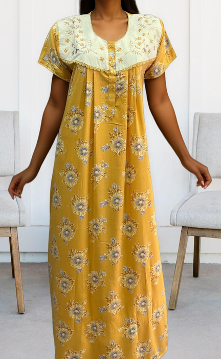 Yellow Garden Soft Crushed Nighty.Soft Breathable Fabric | Laces and Frills