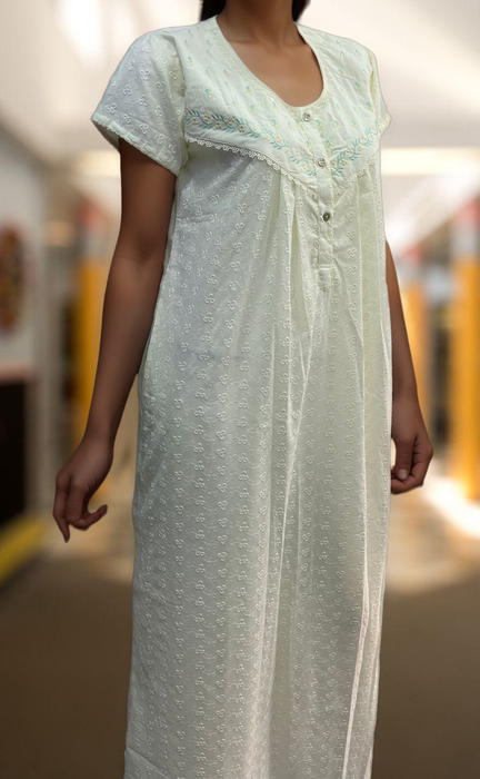 Off White Pure Cotton Embroidery Chikankari Nighty. Pure Durable Cotton | Laces and Frills