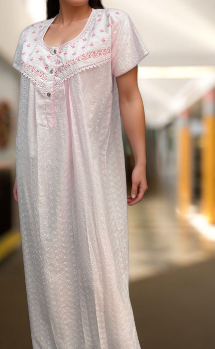 Baby Pink Pure Cotton Embroidery Chikankari Nighty. Pure Durable Cotton | Laces and Frills