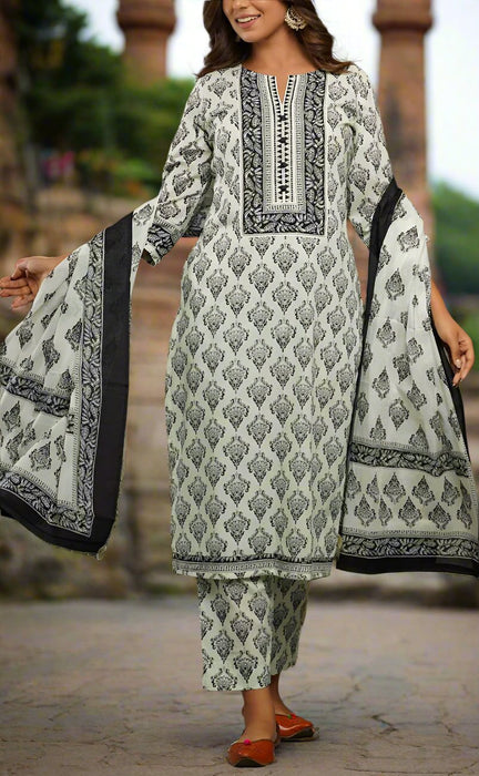 Light Green/Black Motif Kurti With Pant And Dupatta Set  .Pure Versatile Cotton. | Laces and Frills - Laces and Frills