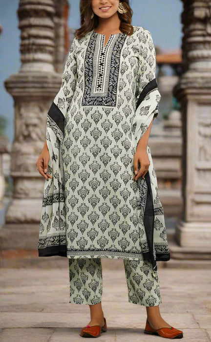 Light Green/Black Motif Kurti With Pant And Dupatta Set  .Pure Versatile Cotton. | Laces and Frills - Laces and Frills