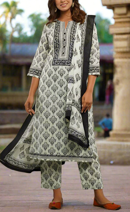 Light Green/Black Motif Kurti With Pant And Dupatta Set  .Pure Versatile Cotton. | Laces and Frills - Laces and Frills