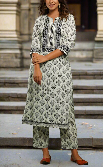 Light Green/Black Motif Kurti With Pant And Dupatta Set  .Pure Versatile Cotton. | Laces and Frills - Laces and Frills