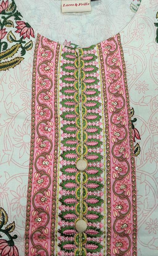 Pink Floral Kurti With Pant And Dupatta Set  .Pure Versatile Cotton. | Laces and Frills - Laces and Frills