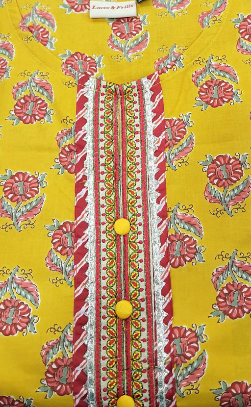 Yellow Floral Kurti With Pant And Dupatta Set  .Pure Versatile Cotton. | Laces and Frills - Laces and Frills