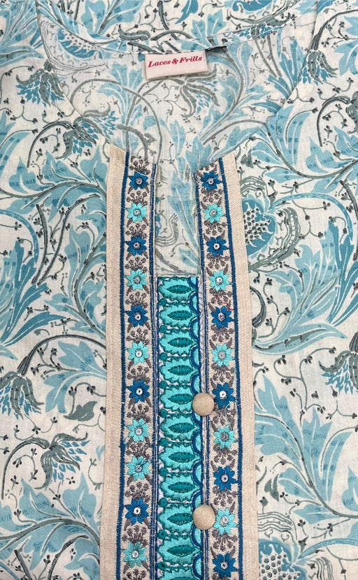 Off White/Turquoise Blue Floral Kurti With Pant And Dupatta Set  .Pure Versatile Cotton. | Laces and Frills - Laces and Frills