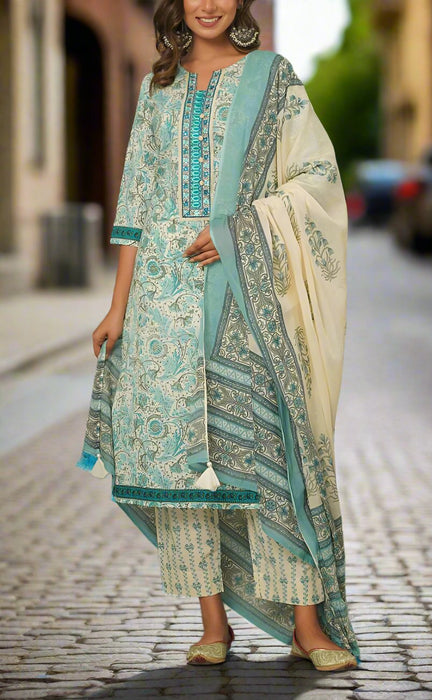 Off White/Turquoise Blue Floral Kurti With Pant And Dupatta Set  .Pure Versatile Cotton. | Laces and Frills - Laces and Frills