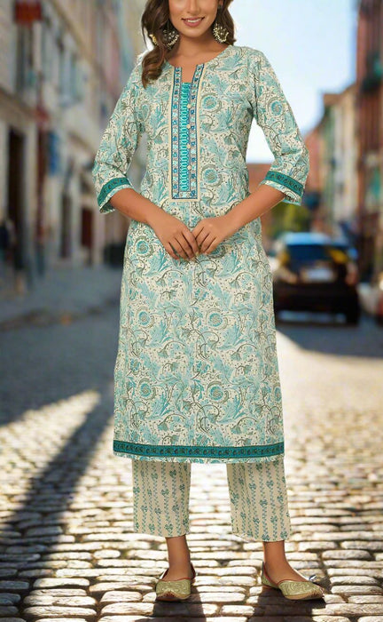 Off White/Turquoise Blue Floral Kurti With Pant And Dupatta Set  .Pure Versatile Cotton. | Laces and Frills - Laces and Frills