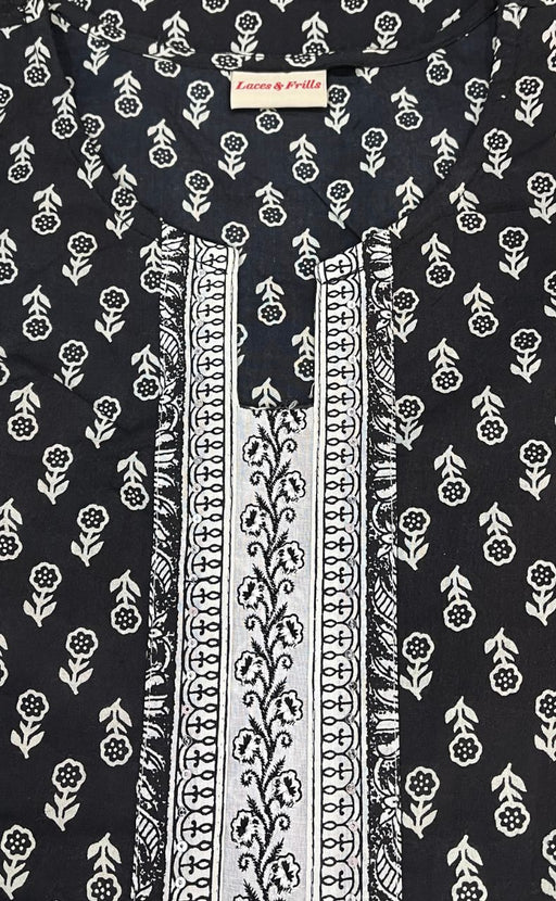 Black/White Floral Kurti With Pant And Dupatta Set  .Pure Versatile Cotton. | Laces and Frills - Laces and Frills