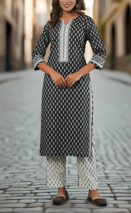 Black/White Floral Kurti With Pant And Dupatta Set  .Pure Versatile Cotton. | Laces and Frills - Laces and Frills