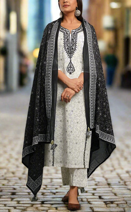 White/Black Embroidery Kurti With Pant And Dupatta Set  .Pure Versatile Cotton. | Laces and Frills - Laces and Frills