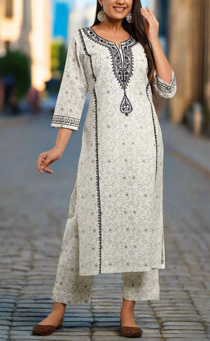 White/Black Embroidery Kurti With Pant And Dupatta Set  .Pure Versatile Cotton. | Laces and Frills - Laces and Frills