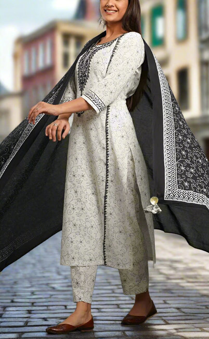 White/Black Embroidery Kurti With Pant And Dupatta Set  .Pure Versatile Cotton. | Laces and Frills - Laces and Frills