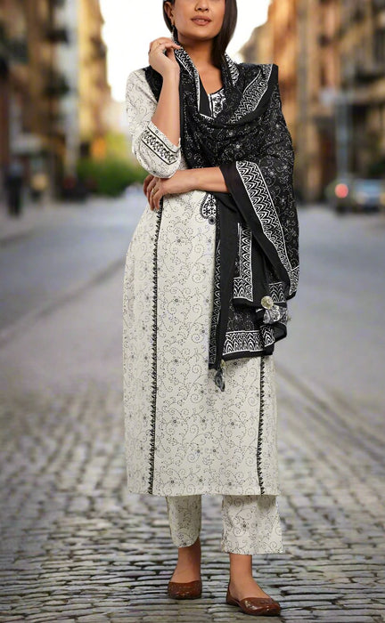 White/Black Embroidery Kurti With Pant And Dupatta Set  .Pure Versatile Cotton. | Laces and Frills - Laces and Frills