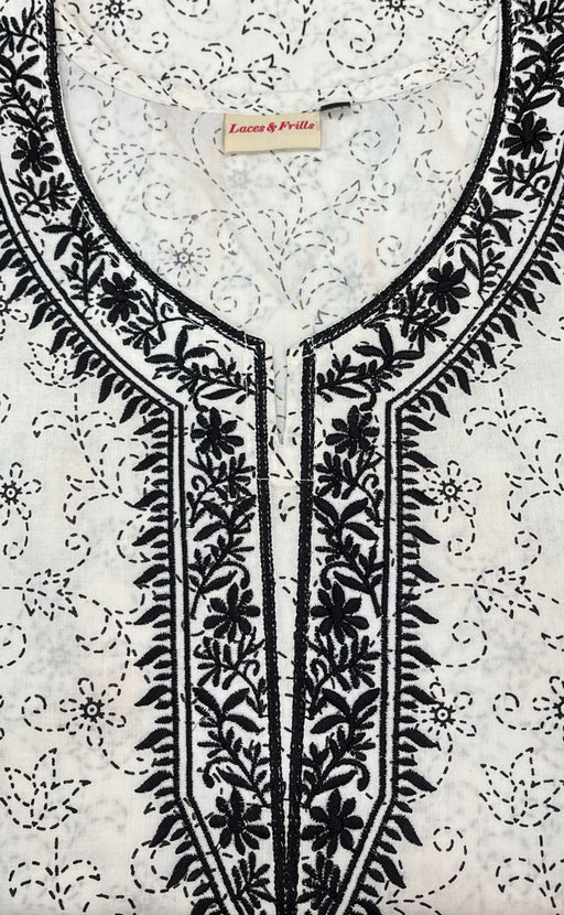 White/Black Embroidery Kurti With Pant And Dupatta Set  .Pure Versatile Cotton. | Laces and Frills - Laces and Frills