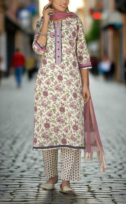 Off White/Purple Floral Kurti With Pant And Dupatta Set  .Pure Versatile Cotton. | Laces and Frills - Laces and Frills