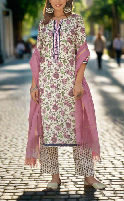 Off White/Purple Floral Kurti With Pant And Dupatta Set  .Pure Versatile Cotton. | Laces and Frills - Laces and Frills