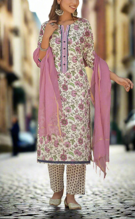 Off White/Purple Floral Kurti With Pant And Dupatta Set  .Pure Versatile Cotton. | Laces and Frills - Laces and Frills