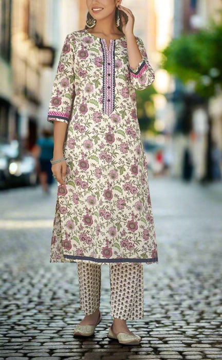 Off White/Purple Floral Kurti With Pant And Dupatta Set  .Pure Versatile Cotton. | Laces and Frills - Laces and Frills