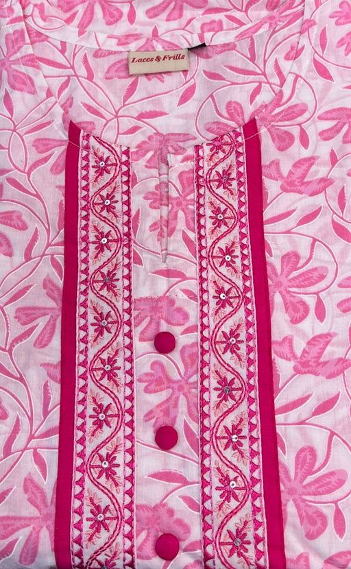 White/Pink Garden Kurti With Pant And Dupatta Set  .Pure Versatile Cotton. | Laces and Frills - Laces and Frills