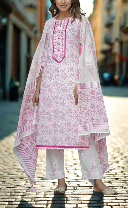 White/Pink Garden Kurti With Pant And Dupatta Set  .Pure Versatile Cotton. | Laces and Frills - Laces and Frills