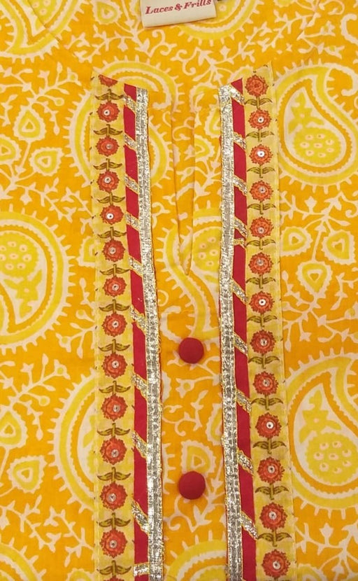 Yellow Motif Kurti With Pant And Dupatta Set  .Pure Versatile Cotton. | Laces and Frills - Laces and Frills