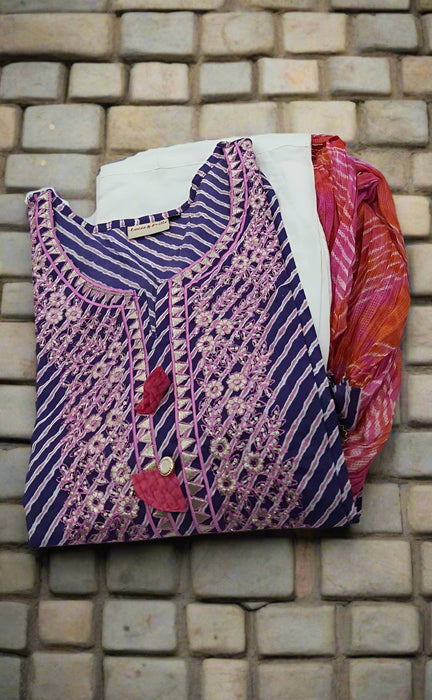 Purple/Pink Lehariya Kurti With Pant And Dupatta Set  .Pure Versatile Cotton. | Laces and Frills - Laces and Frills