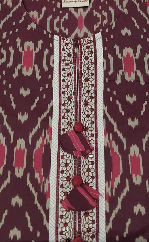 Dark Maroon Ikkat Kurti With Pant And Dupatta Set  .Pure Versatile Cotton. | Laces and Frills - Laces and Frills