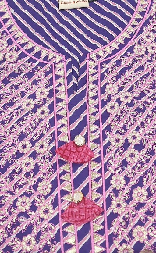 Purple/Pink Lehariya Kurti With Pant And Dupatta Set  .Pure Versatile Cotton. | Laces and Frills - Laces and Frills